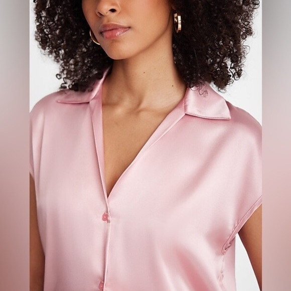 [express] satin cap sleeve button up blouse shirt silky light pink XS - Picture 8 of 10